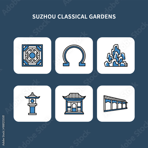 Suzhou classical gardens architectural design set featuring geometric window moon gate rockery pavilion tower and covered walkway icons on dark blue background