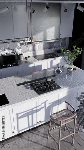 3D render vertical animation modern kitchen
