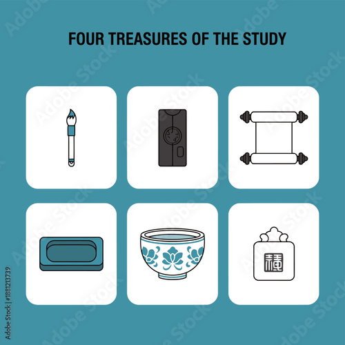 Four treasures of the study icons set featuring calligraphy brush ink stick paper scroll ink stone lotus pattern bowl and traditional hanging tag