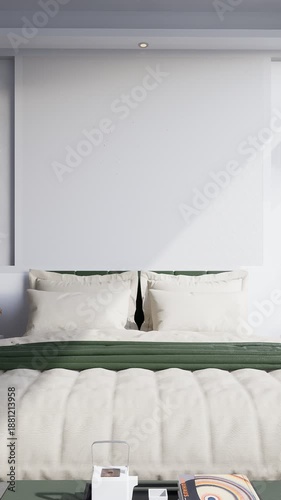 3D render vertical animation of a minimalist bedroom
