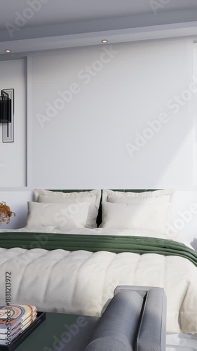 3D render vertical animation of a minimalist bedroom