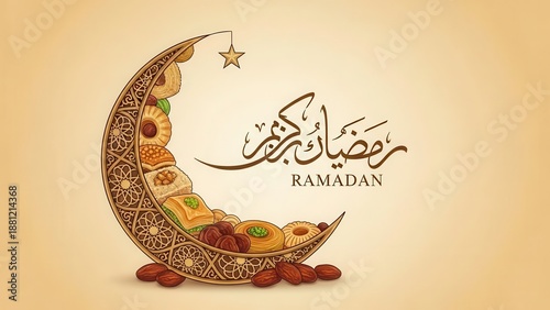 Elegant crescent moon with ramadan greetings and date symbols