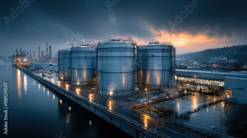 Industrial storage tanks gleam under a dramatic twilight sky at a waterfront facility