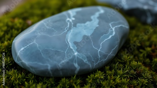 A smooth grey soapstone rock with natural veining resting on moss.