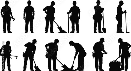 Construction worker silhouettes with tools and safety helmets, professional labor poses, industrial building 