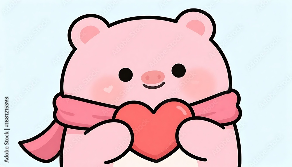 Fototapeta premium Adorable pink character with a scarf holding a vibrant red heart, radiating warmth and affection