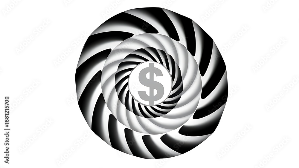 custom made wallpaper toronto digitalA distorted spiral pattern featuring a currency symbol at its center in monochromatic graphic design style.