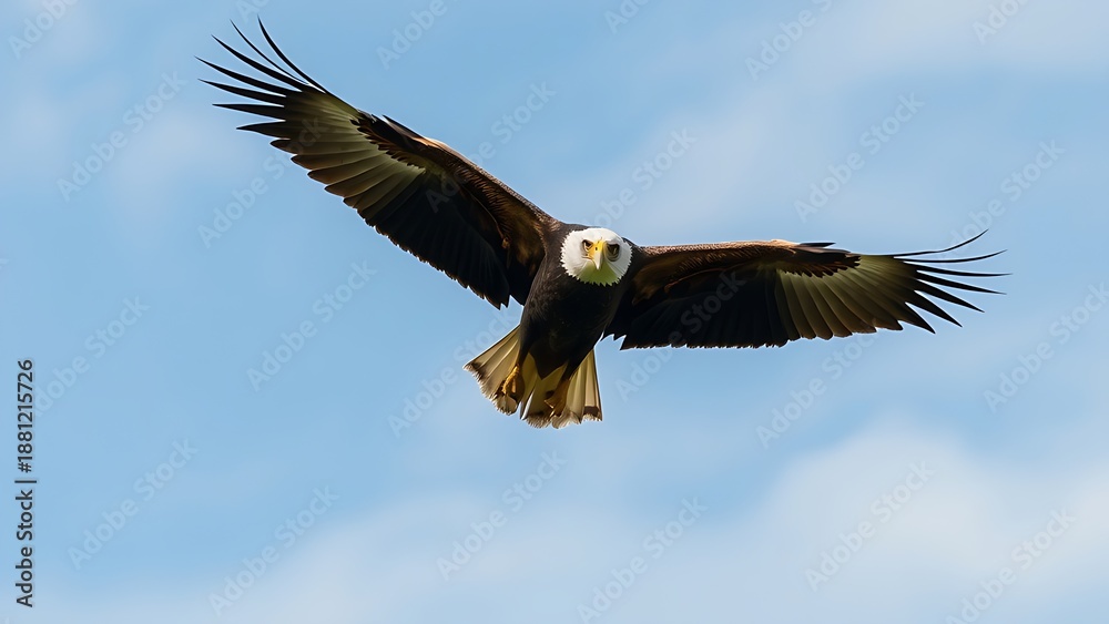 Obraz premium Eagle in flight against a sky background with its wings spread wide.