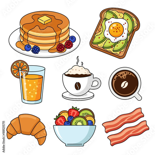 Healthy Breakfast Assortment: Pancakes, Coffee, Avocado Toast, Fruit, Orange Juice, Croissant, Bacon