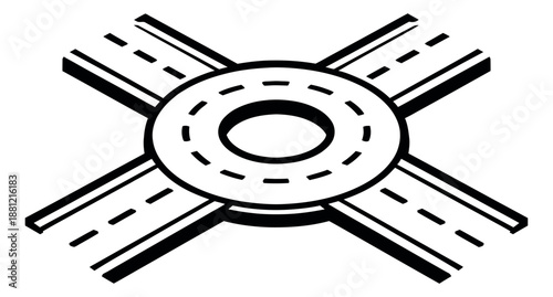 Isometric line art illustration of a roundabout depicting transportation infrastructure for urban planning