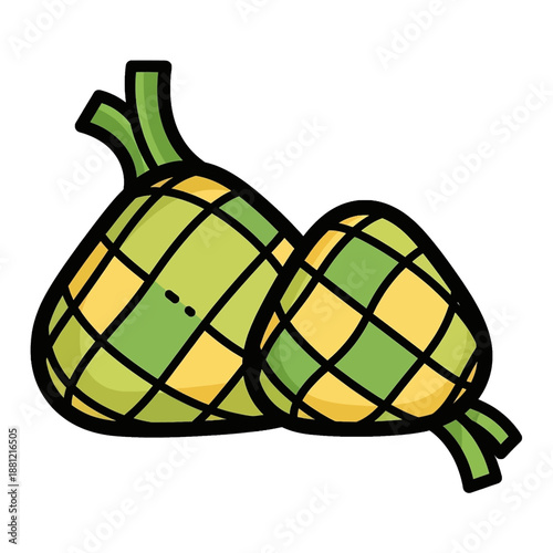 Two cartoon-style ketupat, traditional Southeast Asian rice cakes, with green and yellow woven patterns, often eaten during Eid al-Fitr.