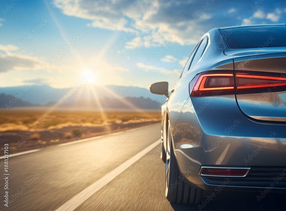 Obraz premium Rear View of a Luxury Silver Sedan Driving Toward the Horizon at Sunset. High-performance automotive concept for open road travel, luxury car advertising, and scenic highway journeys.