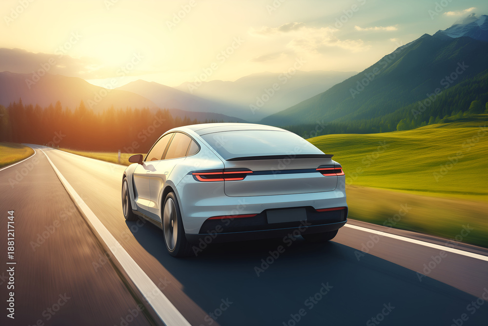Naklejka premium White Electric SUV Driving on a Scenic Mountain Road at Sunset. Clean energy transportation concept for eco-friendly travel, electric vehicle performance, and sustainable automotive lifestyle.
