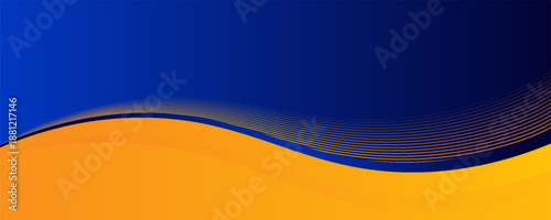 Abstract blue and yellow wave wide background banner curve element with line blue pettern space for text and message design, overlapping layers.