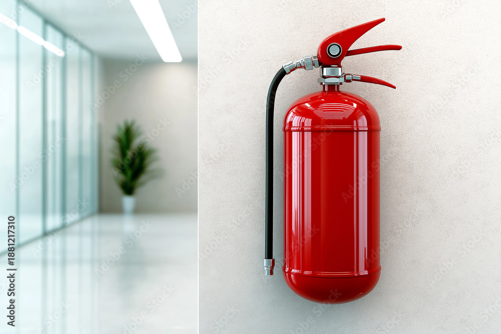 Obraz premium Red Fire Extinguisher Mounted on an Office Wall with a Blurred Corridor Background. Essential safety equipment concept for workplace compliance, fire prevention, and building security standards.