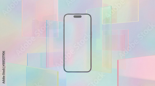 Contemporary Smartphone Mockup with a Blank Screen, Set Against a Dreamy Abstract Background of Colorful Translucent Panels
