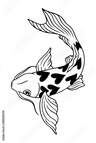 Koi Fish with Heart Pattern. Romantic Valentine Fish, Love Symbol Decorated with Hearts