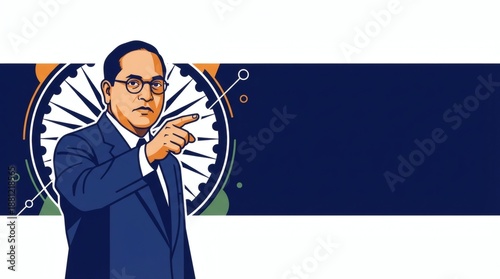 Dr B R Ambedkar portrait illustration with Ashoka Chakra and blue banner.