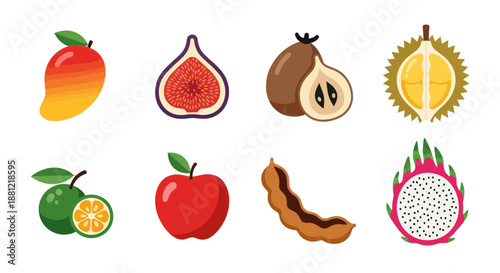 Colorful assortment of fresh tropical fruit illustrations on a white background