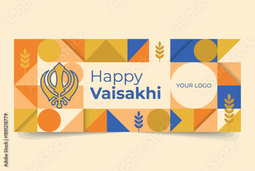 Happy Vaisakhi festival banner template with geometric pattern and Khanda symbol.