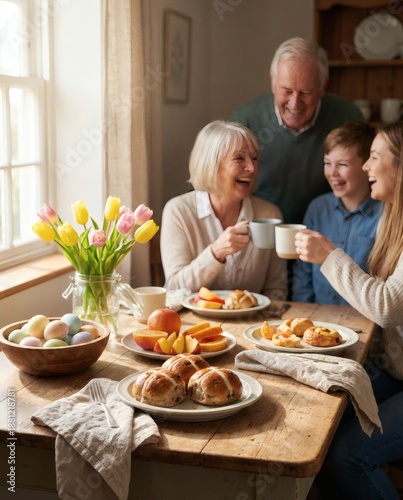 Happy multi generational family celebrating Easter breakfast together at home.