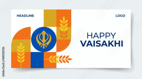 Happy Vaisakhi festival banner with Khanda symbol and wheat stalks.