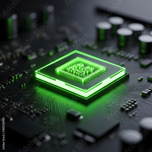 Glowing green CPU chip on a dark circuit board processor
