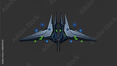Futuristic spaceship with glowing blue and green lights in dark space