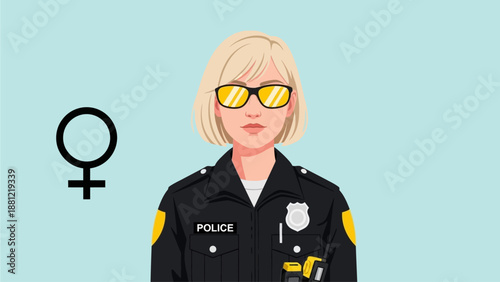 Female police officer in modern uniform with yellow accents and badge