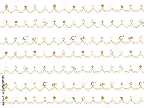 Gold hand-drawn celestial star and moon horizontal border set with decorative wavy lines