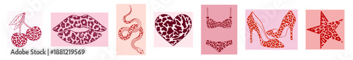 Leopard Print Valentine’s Day Decorative Elements Set – Animal Pattern Hearts, Romantic Shapes, Fashion Accessories and Love Symbols for February 14