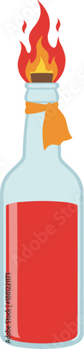 Flat Style Illustration Molotov Cocktail Icon with Burning Flames and Rag