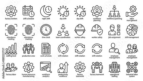 Factory Workforce Line Icons � Shift Work, Manufacturing Labor Management Outline Vector Set