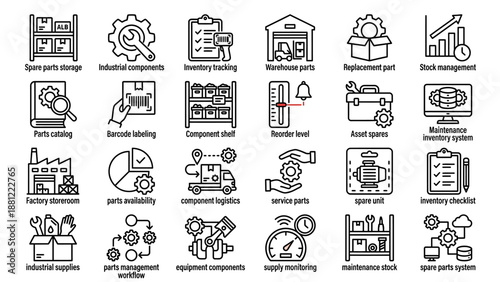 Spare Parts Line Icons � Maintenance Inventory, Industrial Components Management Outline Vector