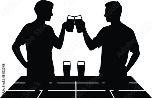 Two friends silhouette toasting with drinks over table graphic illustration