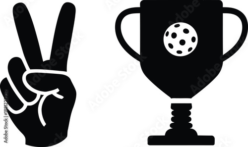 Victory hand gesture and trophy cup silhouette with golf ball design icon
