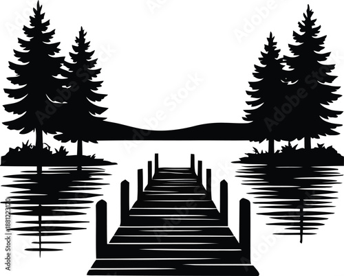 Wooden dock extending over water towards distant forest landscape illustration