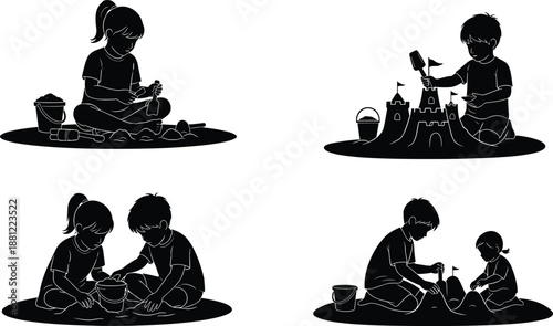 lack Silhouette Vector Set of Children Playing in Sand Building Sandcastles with Shovels and Buckets Isolated on White Background for Summer Vacation Beach Design