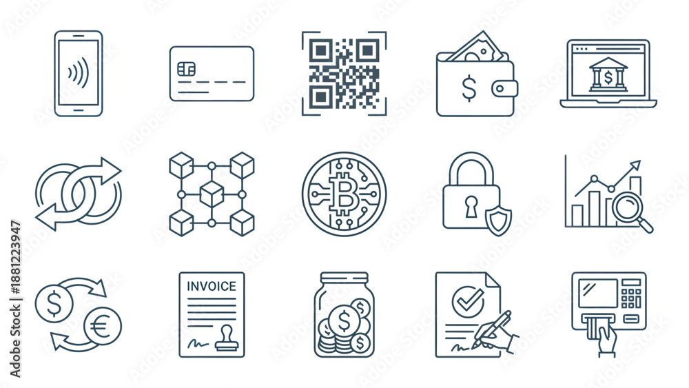 Fototapeta premium Fintech Banking Outline Icon Set Finance Line UI