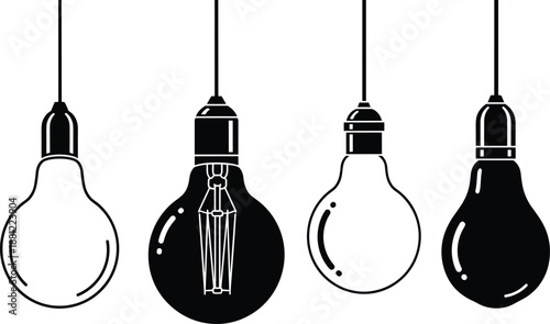 Minimal hanging light bulb silhouettes showing vintage filament and modern lamps, creative idea and electric lighting icons isolated on white background design