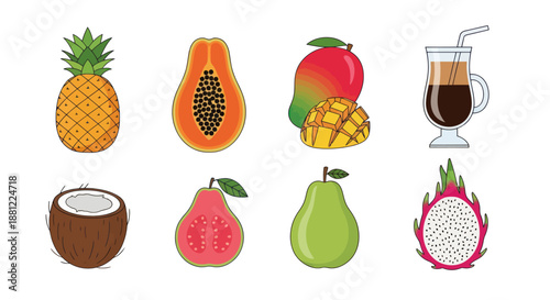 Colorful vector illustrations of tropical fruits and refreshing beverage