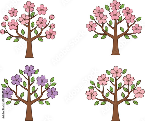 Set of colorful blooming cherry blossom tree illustrations with pink and purple flowers isolated on white background for spring season and nature landscape designs