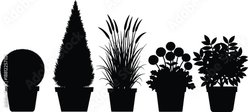 Set of potted plant silhouettes in black and white style, indoor houseplants collection, modern minimal botanical illustration for home decor design