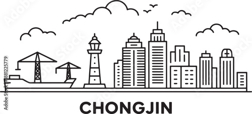 Chongjin north korea skyline vector city outline illustration panoramic architecture landmark drawing port