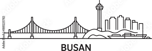 Busan south korea skyline vector city outline illustration panoramic architecture landmark drawing bridge view
