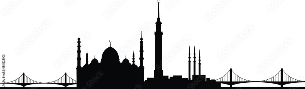 Fototapeta premium Islamic city skyline silhouette with mosques minarets and modern skyscrapers