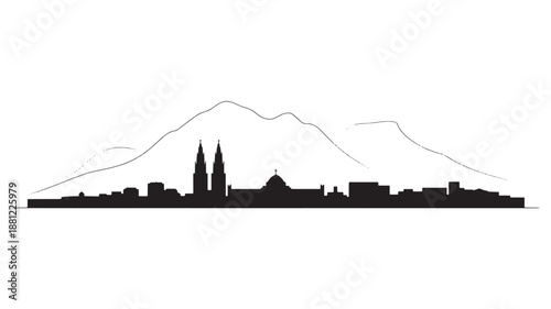 Minimalist city skyline with twin spires and dome under mountain range vector silhouette art