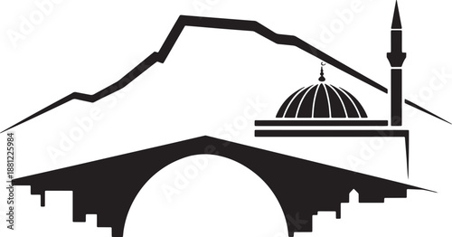 Mountain landscape with a mosque dome and minaret over an arched bridge vector