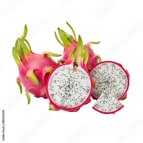 Fresh Dragon Fruit Halved and Whole on White Background