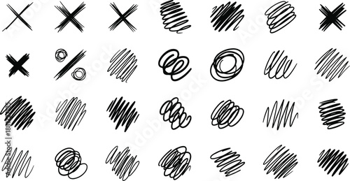Black scribbles and x marks on white background hand drawn